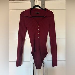 Lulu's Burgundy Ribbed Button-Up Bodysuit